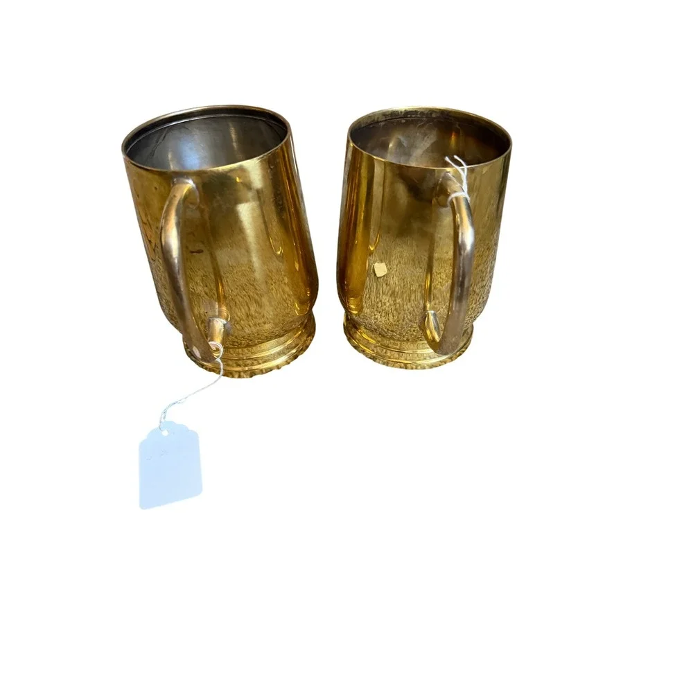 Vintage Brass Tankard Mugs Set of 2 India Gold Beer Stein Cup Barware 5 inch